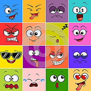 Cartoon monster face. Emoji. Cute emoticons. Square colorful avatars