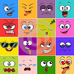 Cartoon monster face. Emoji. Cute emoticons. Square colorful avatars photo