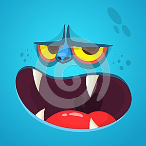 Cartoon monster face. Vector Halloween blue monster avatar with open mouth with sharp teeth