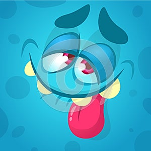 Cartoon monster face. Vector Halloween blue smiling monster avatar.