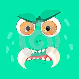 Cartoon monster face. Vector Halloween green angry fairy tale avatar. Vector illustration