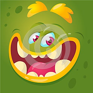 Cartoon monster face. Vector Halloween green monster avatar with wide smile.
