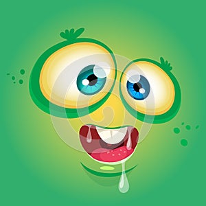 Cartoon monster face. Vector Halloween green monster avatar with wide smile.