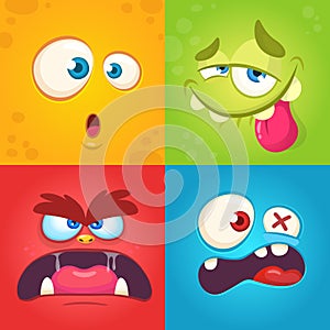 Cartoon monster faces set. Vector set of four Halloween monster faces with different expressions. Children book illustrations