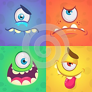 Cartoon monster faces set. Vector set of four Halloween monster faces