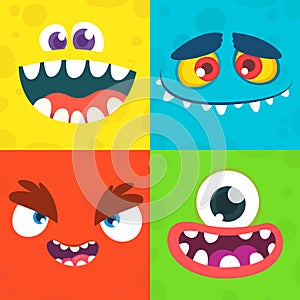 Cartoon monster faces set. Vector set of four Halloween monster faces