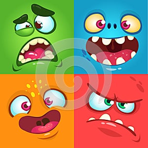 Cartoon monster faces set. Vector set of four Halloween monster faces