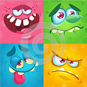 Cartoon monster faces set. Vector set of four Halloween monster faces or avatars. Print design of monsters mask for masquerade.