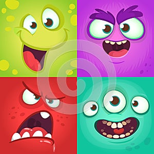 Cartoon monster faces set. Vector set of four Halloween monster faces with different expressions. Children book illustrations