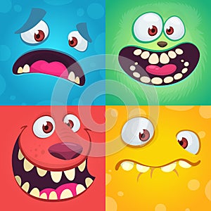 Cartoon monster faces set. Vector set of four Halloween monster faces with different expressions. Children book illustrations