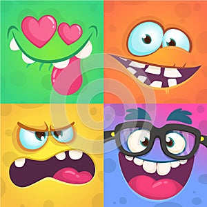 Cartoon monster faces set. Vector set of four Halloween monster faces with different expressions. Children book illustrations