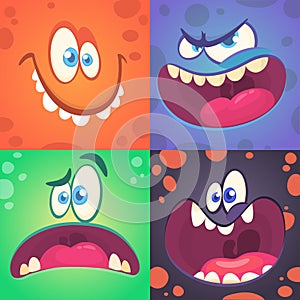 Cartoon monster faces set. Vector set of four Halloween monster faces with different expressions. Children book illustrations or p