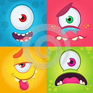 Cartoon monster faces set. Vector set of four Halloween monster faces with different expressions. One-eyed monsters illustration.