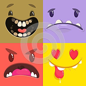 Cartoon monster faces set. Vector set of four monster faces