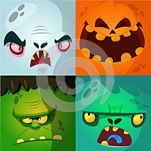 Cartoon monster faces vector set. Cute square avatars and icons. Monster, pumpkin face, vampire, zombie.