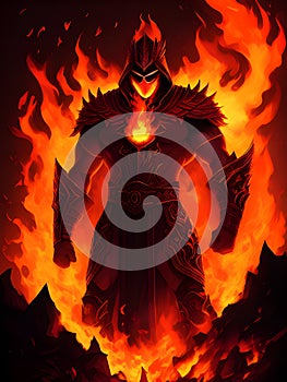cartoon monster in fire flames on a black background, AI generated