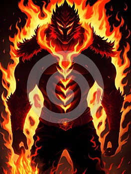 cartoon monster in fire flames on a black background, Ai generated