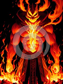 cartoon monster in fire flames on a black background, Ai generated