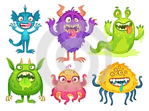 Cartoon monster mascot. Halloween funny monsters, bizarre gremlin with horn and furry creations. Cartoons character photo