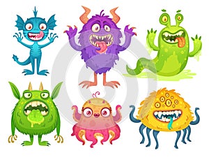 Cartoon monster mascot. Halloween funny monsters, bizarre gremlin with horn and furry creations. Cartoons character vector