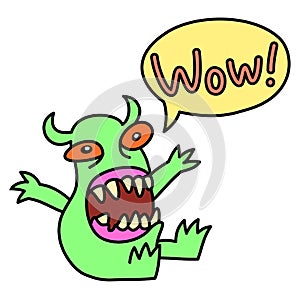 Cartoon monster screaming Wow. Speech bubble. Vector illustration.