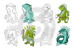 Cartoon monster sea creature characters set. Vector clip art illustration