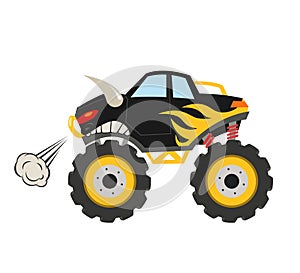 Cartoon monster truck. Big muscle car. 4x4 nursery vehicle. Diesel bull auto