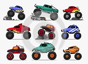Cartoon monster truck. Diesel 4WD offroad vehicle with turbo engine and mud bogging tires, muscle car with flat tires