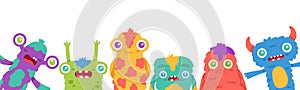 Cartoon monsters background. Halloween cartoon cute monster mascots, fluffy creature, funny alien greeting card or