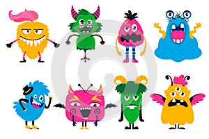 Cartoon Monsters collection. Vector set of cartoon monsters isolated. Cute kawaii cartoon scary funny baby character. Eyes, tongue