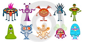Cartoon monsters. Cute little goblins and gremlins, scary alien kids. Halloween cool monster characters, comic vector