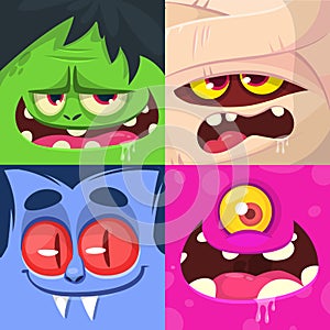 Cartoon monsters faces set. Vector collection of four Halloween monster character square avatars with different face expressions.