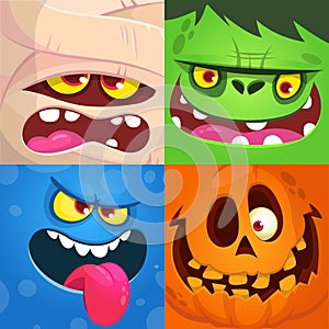 Cartoon monsters faces set. Vector collection of four Halloween monster character square avatars with different face expressions.