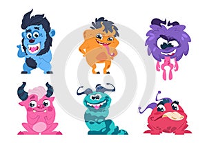 Cartoon monsters. Funny and scary trolls ghosts goblins and aliens with cute faces, cute isolated characters. Vector set