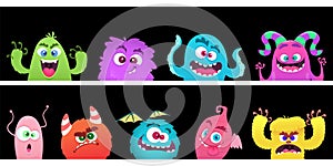 Cartoon monsters. Halloween monster faces vector banners template