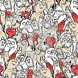 Cartoon monsters seamless pattern, hand draw doodle vector illustration. Repeatable pattern with cute monster, light