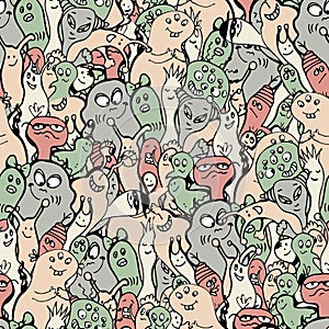Cartoon monsters seamless pattern, hand draw doodle vector illustration. Repeatable pattern with cute monster, light