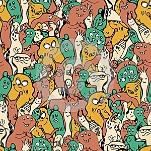 Cartoon monsters seamless pattern, hand draw doodle vector illustration. Repeatable pattern with cute monster, light