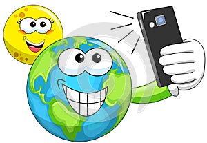 Cartoon Moon and Earth taking selfie