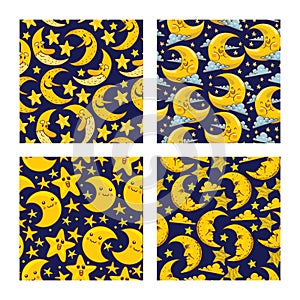 Cartoon moon seamless pattern vector moonlight star character in night sky illustration background childish yellow moony