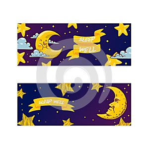 Cartoon moon vector moonlight star character in night sky illustration background childish yellow moony cloud set