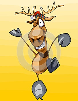 Cartoon moose in the cap joyfully jumps