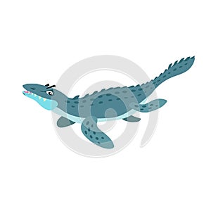 Cartoon Mosasaurus. Flat simple style water predator dinosaur. Jurassic world sea dangerous animal. Vector illustration for kid ed