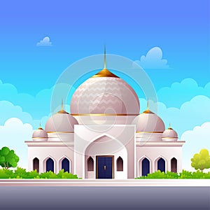 Cartoon mosque beside the highway with green and yard and blue sky flat illustration