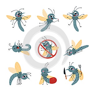 Cartoon mosquitoes. Isolated funny mosquito in various poses. Seasonal insect vampire, flying buds. Forest parasit