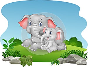 Cartoon Mother and baby elephant in the jungle