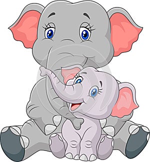 Cartoon mother and baby elephant sitting isolated on white background