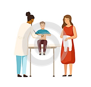 Cartoon mother and child boy visit therapist at clinic vector flat illustration. Female black skin doctor examination