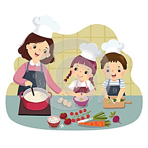 Cartoon of mother and children cooking at kitchen counter. Kids doing housework chores at home concept