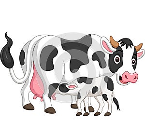 Cartoon mother cow feeding baby calf